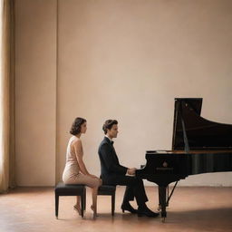 Further refine the previous image. The young man and woman are now 28, radiating maturity and elegance. The scene is imbued with a modern, minimalistic aesthetic, including clean lines, warm muted colors, and sophisticated styling. The Italian backdrop and piano continue to feature.