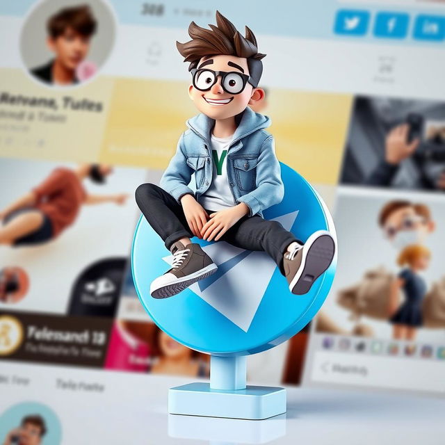 A 3D illustration of a fun and vibrant animated character aged 38, sitting casually atop the recognizable Telegram logo