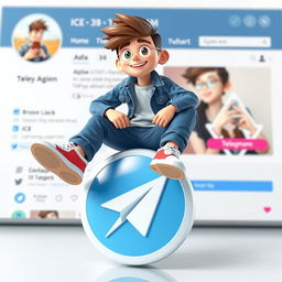 A 3D illustration of a fun and vibrant animated character aged 38, sitting casually atop the recognizable Telegram logo