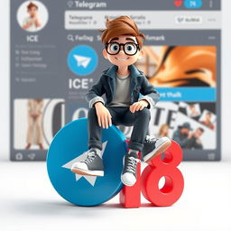 A 3D illustration of a fun and vibrant animated character aged 38, sitting casually atop the recognizable Telegram logo