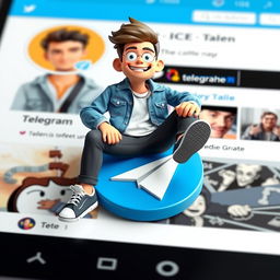 A 3D illustration of a fun and vibrant animated character aged 38, sitting casually atop the recognizable Telegram logo