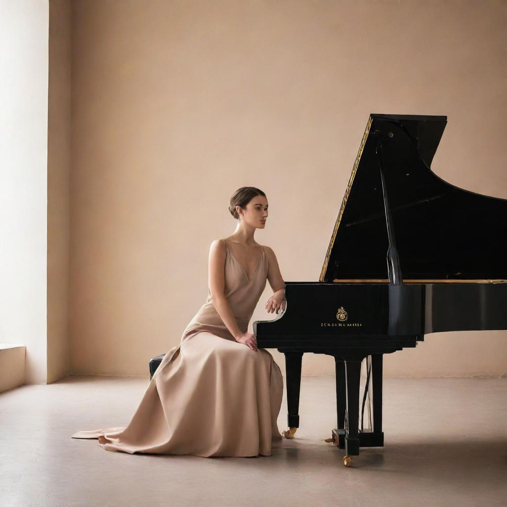 Further refine the previous image. The young man and woman are now 28, radiating maturity and elegance. The scene is imbued with a modern, minimalistic aesthetic, including clean lines, warm muted colors, and sophisticated styling. The Italian backdrop and piano continue to feature.