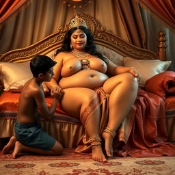 A beautiful, voluptuous Indian queen relaxing on an opulent bed, fully naked except for exquisite jewelry that adorns her body