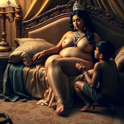 A beautiful, voluptuous Indian queen relaxing on an opulent bed, fully naked except for exquisite jewelry that adorns her body