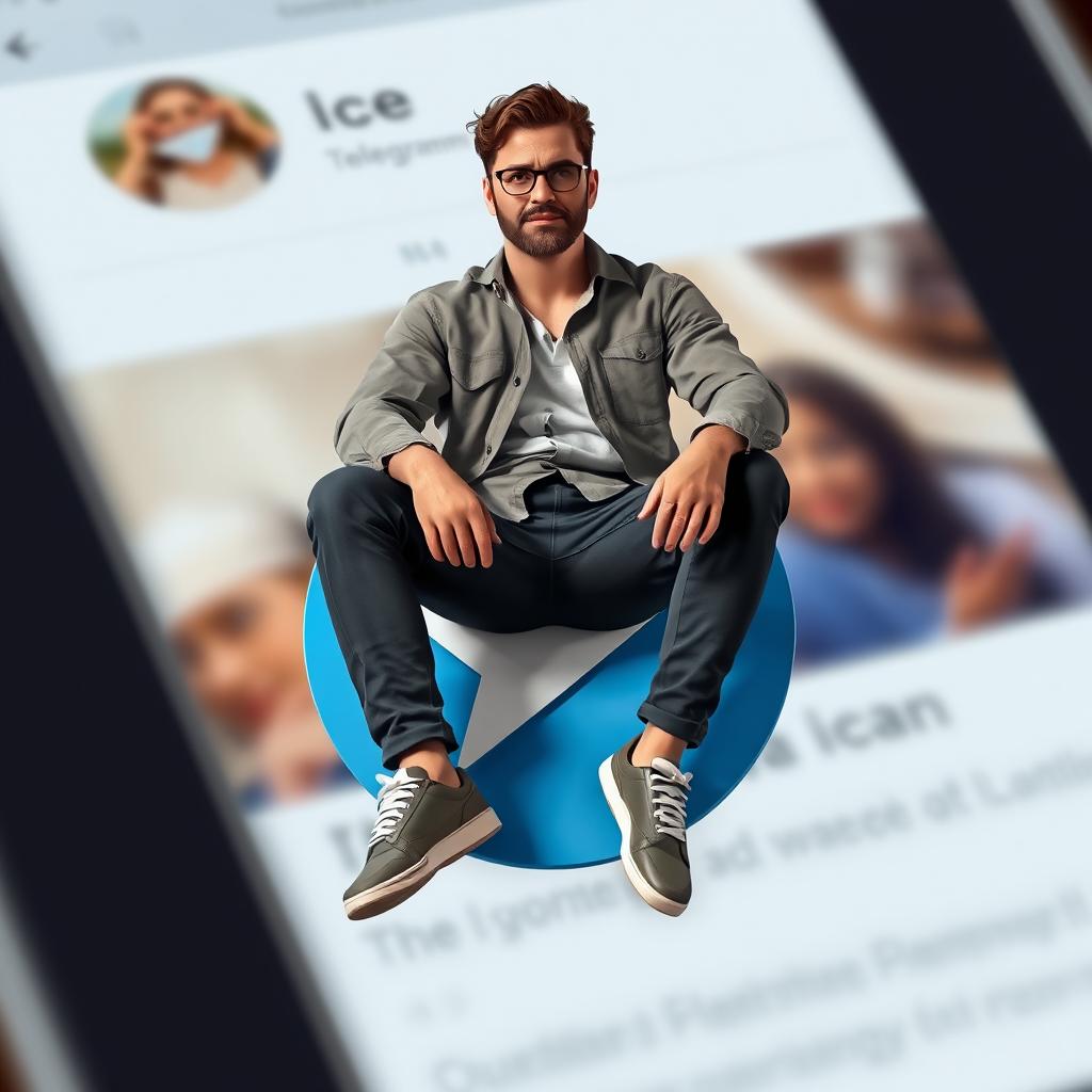 A realistic character aged 38, sitting casually on top of the iconic Telegram logo