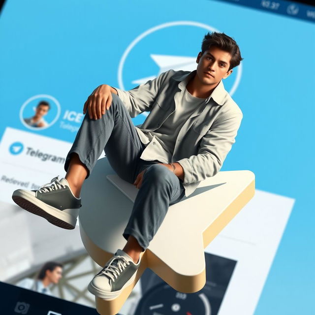 A realistic character aged 38, sitting casually on top of the iconic Telegram logo