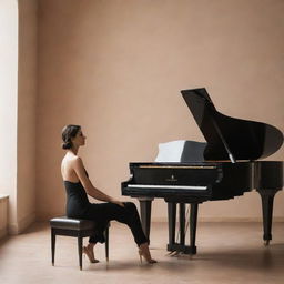 Further refine the previous image. The young man and woman are now 28, radiating maturity and elegance. The scene is imbued with a modern, minimalistic aesthetic, including clean lines, warm muted colors, and sophisticated styling. The Italian backdrop and piano continue to feature.