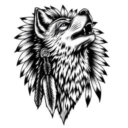 A stunning and realistic tattoo design featuring a howling wolf with intricate details, seamlessly blending into the face of a Native American Indian