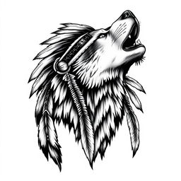 A stunning and realistic tattoo design featuring a howling wolf with intricate details, seamlessly blending into the face of a Native American Indian