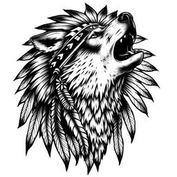 A stunning and realistic tattoo design featuring a howling wolf with intricate details, seamlessly blending into the face of a Native American Indian