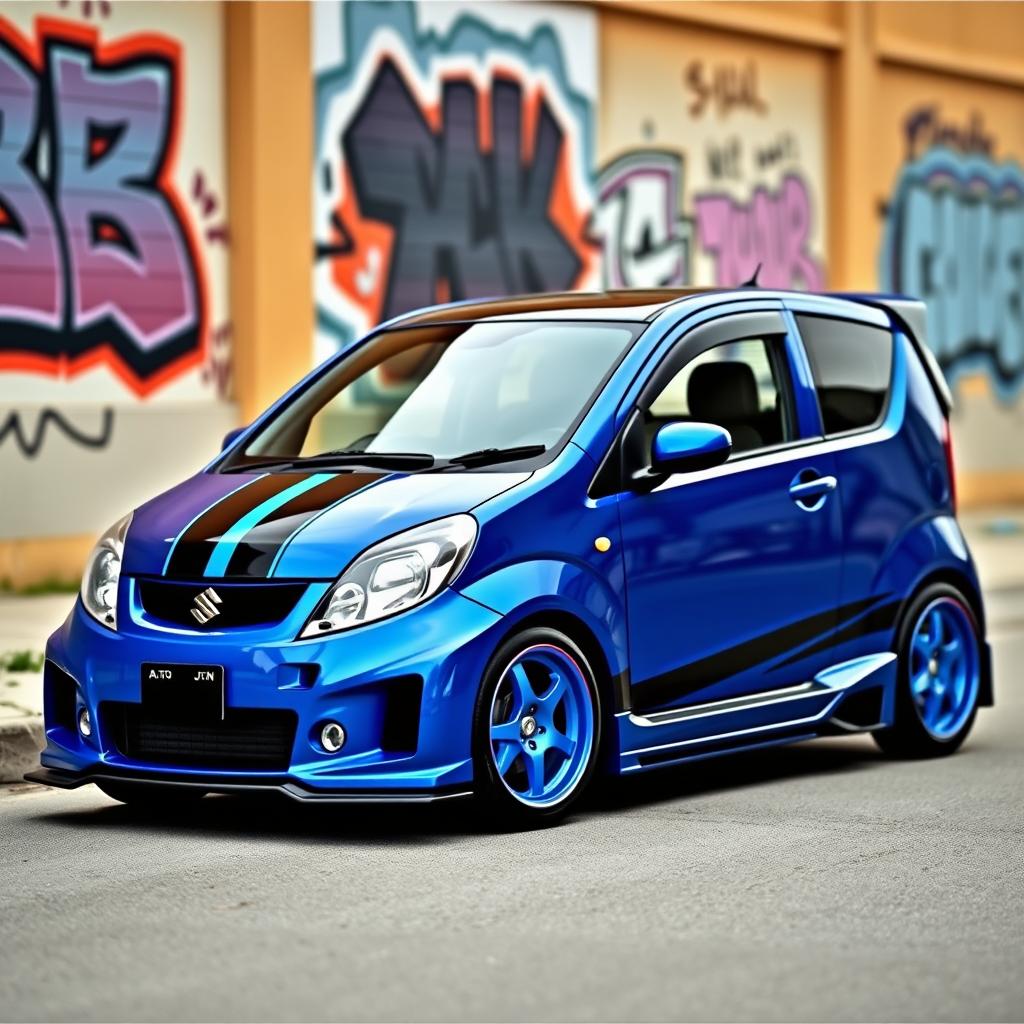 A modified 2011 Suzuki K10 Alto Sport, featuring an aggressive body kit, lowered suspension, and custom alloy wheels