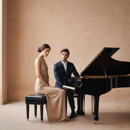 Further refine the previous image. The young man and woman are now 28, radiating maturity and elegance. The scene is imbued with a modern, minimalistic aesthetic, including clean lines, warm muted colors, and sophisticated styling. The Italian backdrop and piano continue to feature.