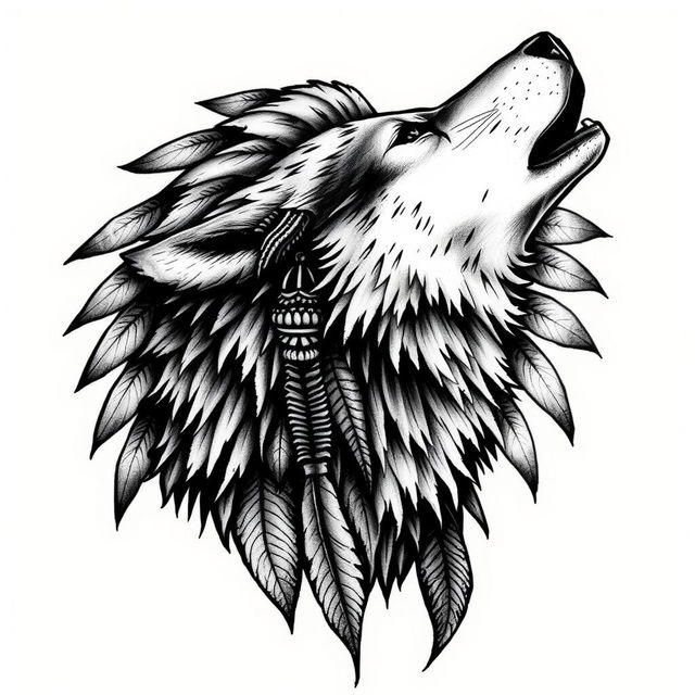 A captivating and realistic tattoo design showcasing a howling wolf, intricately interwoven with the imagery of a Native American woman