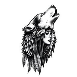 A captivating and realistic tattoo design showcasing a howling wolf, intricately interwoven with the imagery of a Native American woman