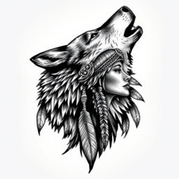 A captivating and realistic tattoo design showcasing a howling wolf, intricately interwoven with the imagery of a Native American woman