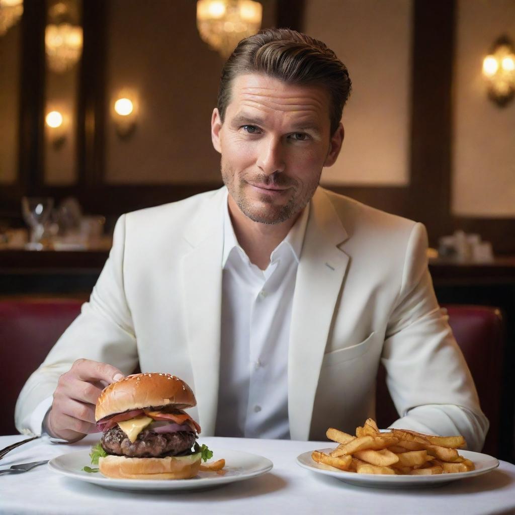 A well-dressed, affluent man seated at a luxurious restaurant, enjoying a sumptuous gourmet burger with a gleam of satisfaction in his eyes.