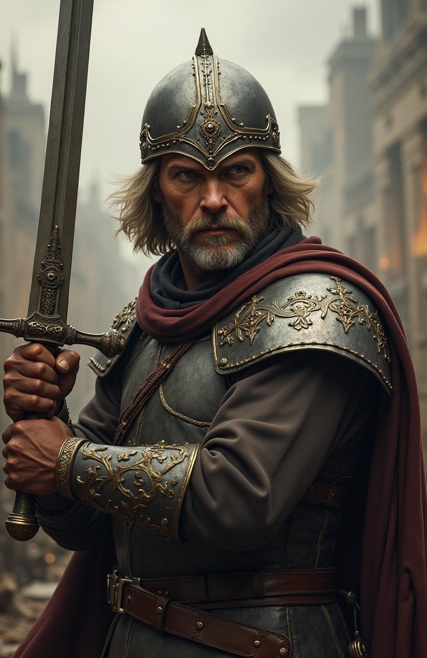 A high-resolution depiction of King Elendil from the Lord of the Rings, styled as a warrior from the 1950s