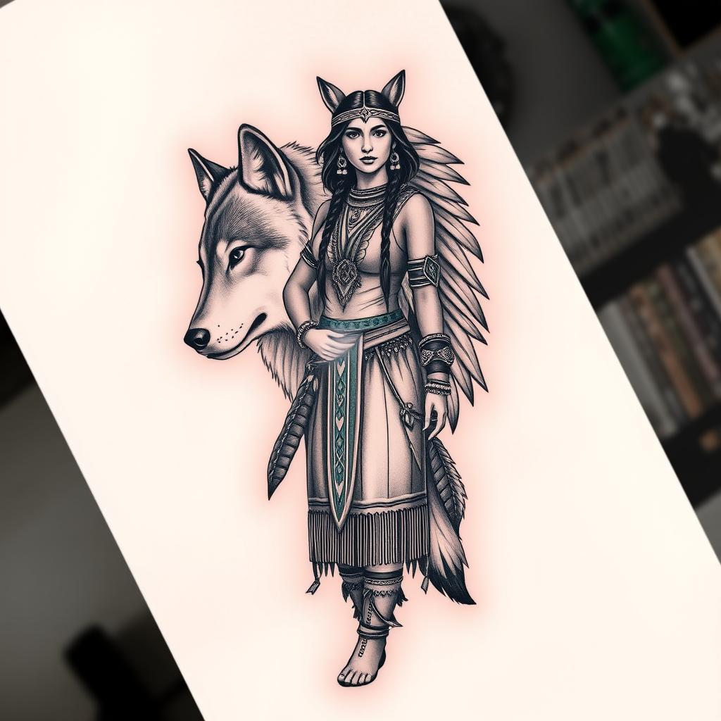 An impressive tattoo design showcasing a Native American Indian woman standing confidently alongside a majestic wolf