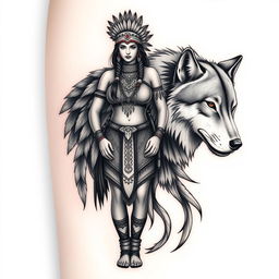 An impressive tattoo design showcasing a Native American Indian woman standing confidently alongside a majestic wolf