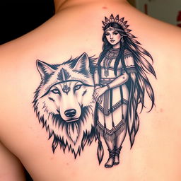 An impressive tattoo design showcasing a Native American Indian woman standing confidently alongside a majestic wolf