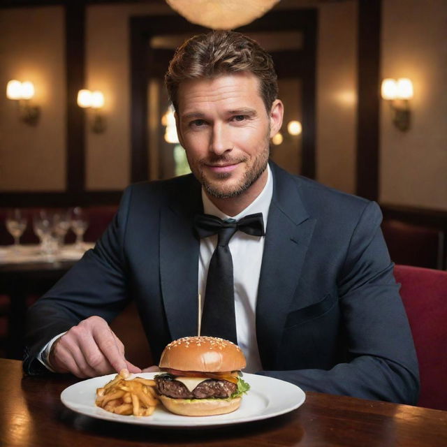 A well-dressed, affluent man seated at a luxurious restaurant, enjoying a sumptuous gourmet burger with a gleam of satisfaction in his eyes.