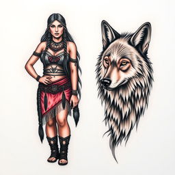 An impressive tattoo design showcasing a Native American Indian woman standing confidently alongside a majestic wolf