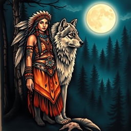 An enchanting tattoo design featuring a Native American Indian woman standing proudly next to a majestic wolf, set against a backdrop of a dense forest illuminated by a full moon