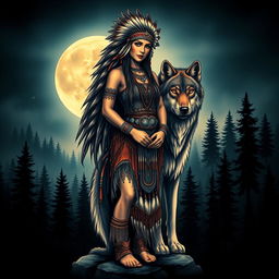 An enchanting tattoo design featuring a Native American Indian woman standing proudly next to a majestic wolf, set against a backdrop of a dense forest illuminated by a full moon