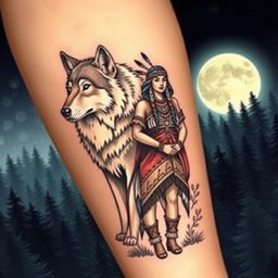 An enchanting tattoo design featuring a Native American Indian woman standing proudly next to a majestic wolf, set against a backdrop of a dense forest illuminated by a full moon