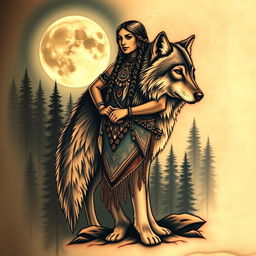 An enchanting tattoo design featuring a Native American Indian woman standing proudly next to a majestic wolf, set against a backdrop of a dense forest illuminated by a full moon