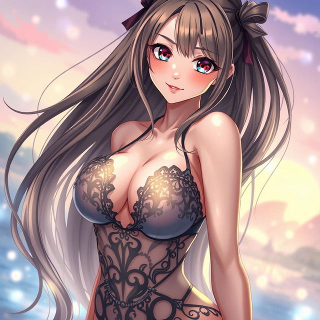 A stunningly beautiful anime woman with long flowing hair, wearing revealing, intricately designed lingerie that enhances her curves