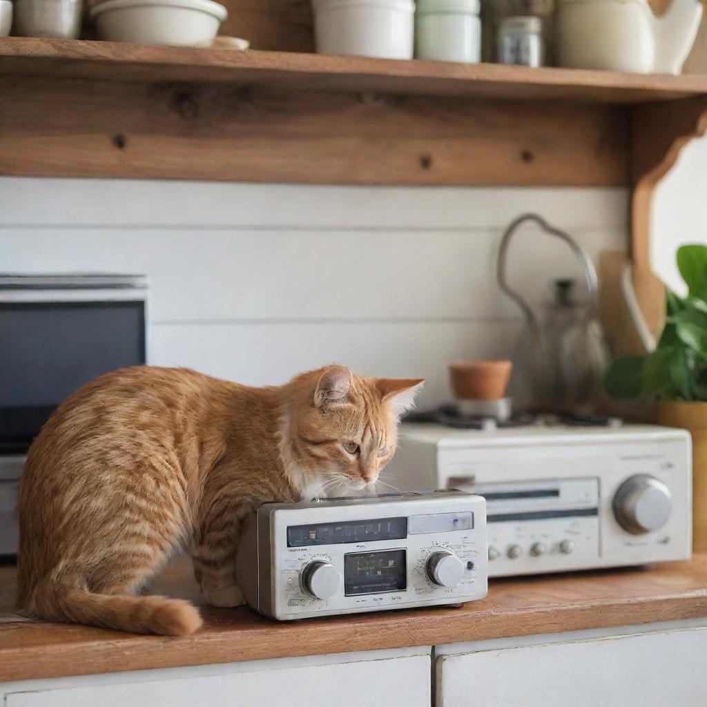 An adorable cat playfully interacting with a vintage audio player in a rustic, tidy kitchen