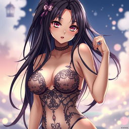 A stunningly beautiful anime woman with long flowing hair, wearing revealing, intricately designed lingerie that enhances her curves