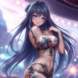 A stunningly beautiful anime woman with long flowing hair, wearing revealing, intricately designed lingerie that enhances her curves