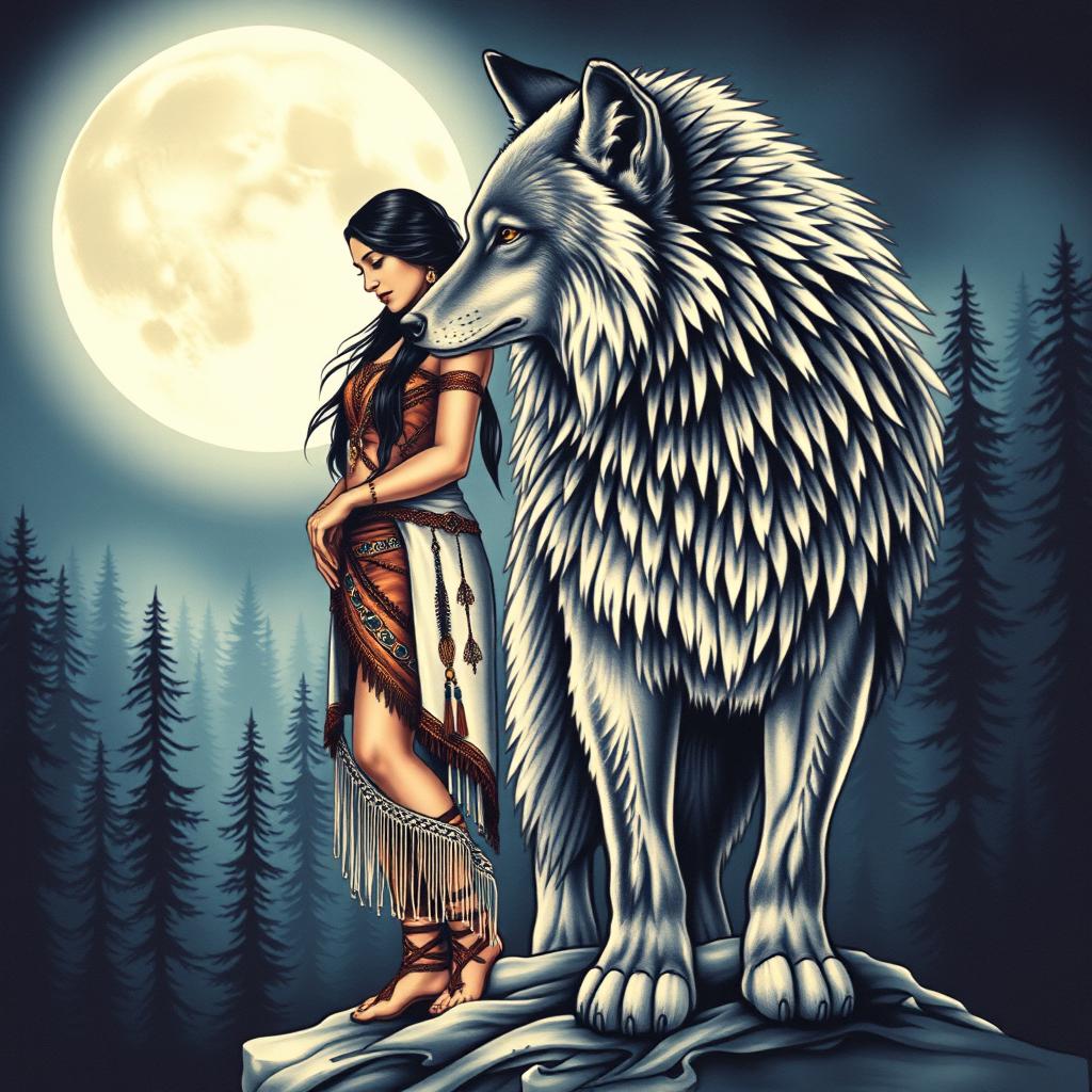 A stunning tattoo design featuring a Native American Indian woman standing gracefully next to a large, majestic wolf