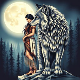A stunning tattoo design featuring a Native American Indian woman standing gracefully next to a large, majestic wolf