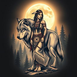 A stunning tattoo design featuring a Native American Indian woman standing gracefully next to a large, majestic wolf