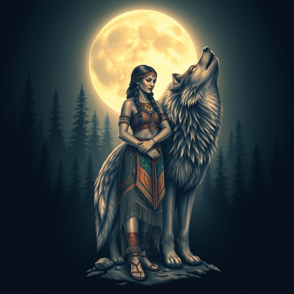 A stunning tattoo design featuring a Native American Indian woman standing gracefully next to a large, majestic wolf