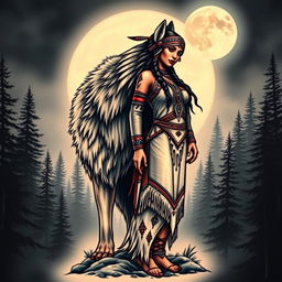 A stunning tattoo design featuring a Native American Indian woman standing gracefully next to a large, majestic wolf