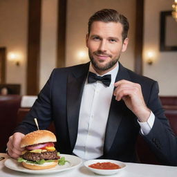 A well-dressed, affluent man seated at a luxurious restaurant, enjoying a sumptuous gourmet burger with a gleam of satisfaction in his eyes.