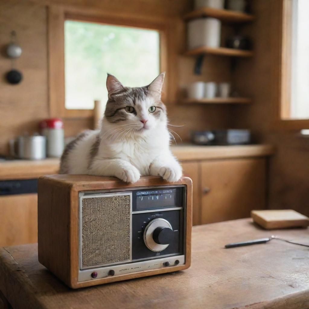 An adorable cat playfully interacting with a vintage audio player in a rustic, tidy kitchen