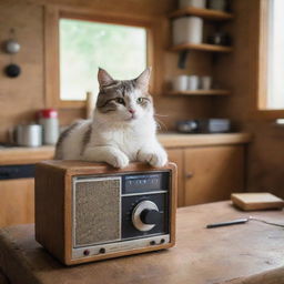 An adorable cat playfully interacting with a vintage audio player in a rustic, tidy kitchen