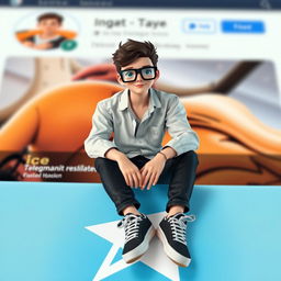 A realistic character aged 38, sitting casually on top of the Telegram logo