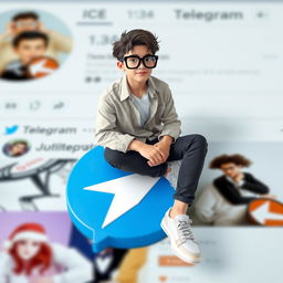 A realistic character aged 38, sitting casually on top of the Telegram logo