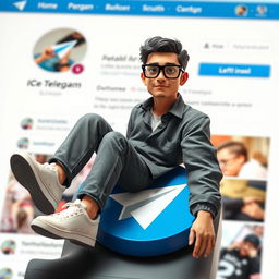 A realistic character aged 38, sitting casually on top of the Telegram logo