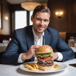 A well-dressed, affluent man seated at a luxurious restaurant, enjoying a sumptuous gourmet burger with a gleam of satisfaction in his eyes.