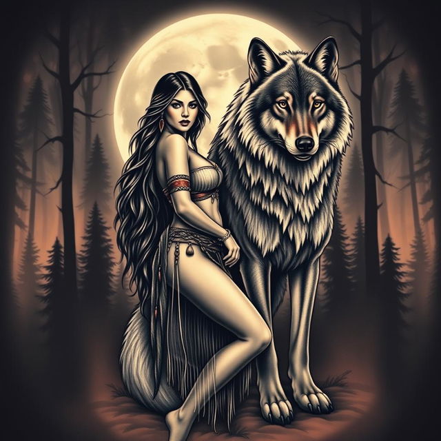 A captivating tattoo design featuring a sexy Native American Indian woman, posing confidently alongside a large, majestic wolf