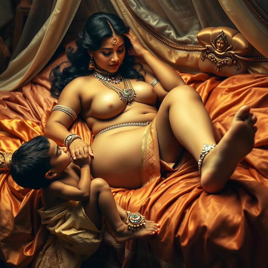 A beautiful and voluptuous Indian queen, gracefully reclining on a lavish bed adorned with rich fabrics