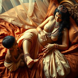 A beautiful and voluptuous Indian queen, gracefully reclining on a lavish bed adorned with rich fabrics