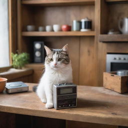 An adorable cat playfully interacting with a vintage audio player in a rustic, tidy kitchen